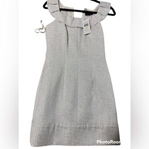 NWT MAX and CLEO Sz 4 Ruffled Sleeveless Dress White Silver